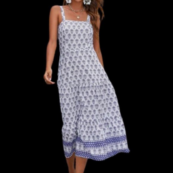 Hot Boho Dress Blue + White Floral Botanical Print Midi - Picture 6 of 6